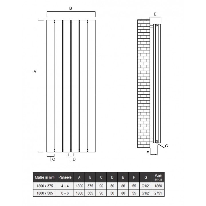 Aluminium Paneelheizkörper CLAUDIO 1800X565 Anthrazit Mittelanschluss